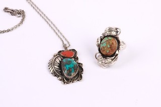 Vintage Silver Native American Turquoise Coral Leaf Necklace Ring x2 21.94g