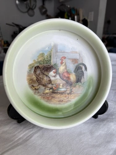Germany Baby Plate Hand painted Rooster and Hens Farm Antique 1900’s Country
