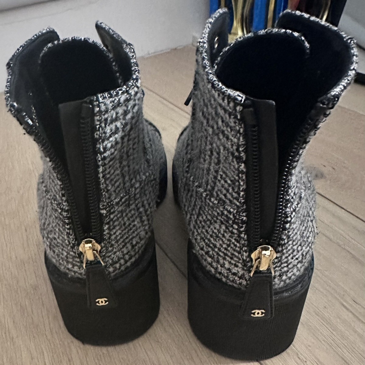 CHANEL 20B Tweed Fabric Cap Toe Pearl Lace Up Ankle Bootie Boots