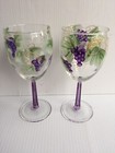 Hand Painted Wine Glasses Floral Grapes Purple Stem — photo 1