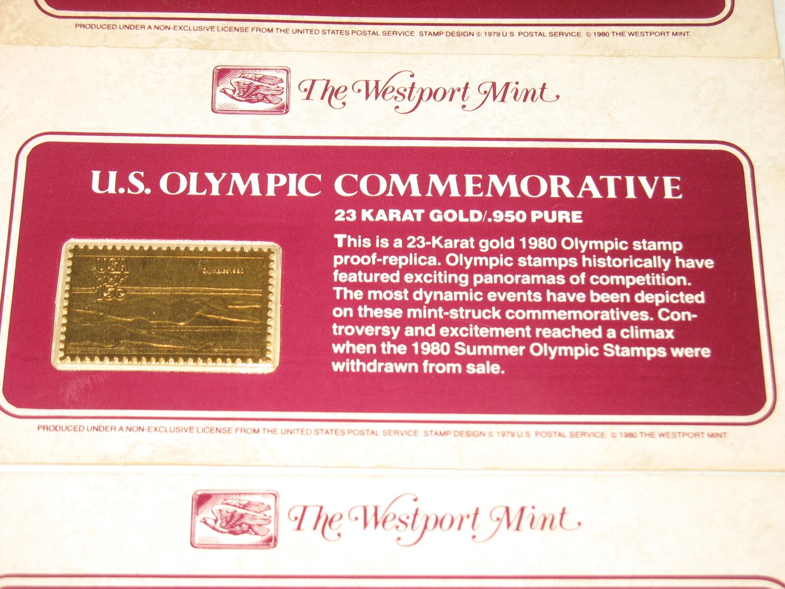 Westport Mint U.S. Olympic 1980 Commemorative 23k Gold Stamps - Set of ...