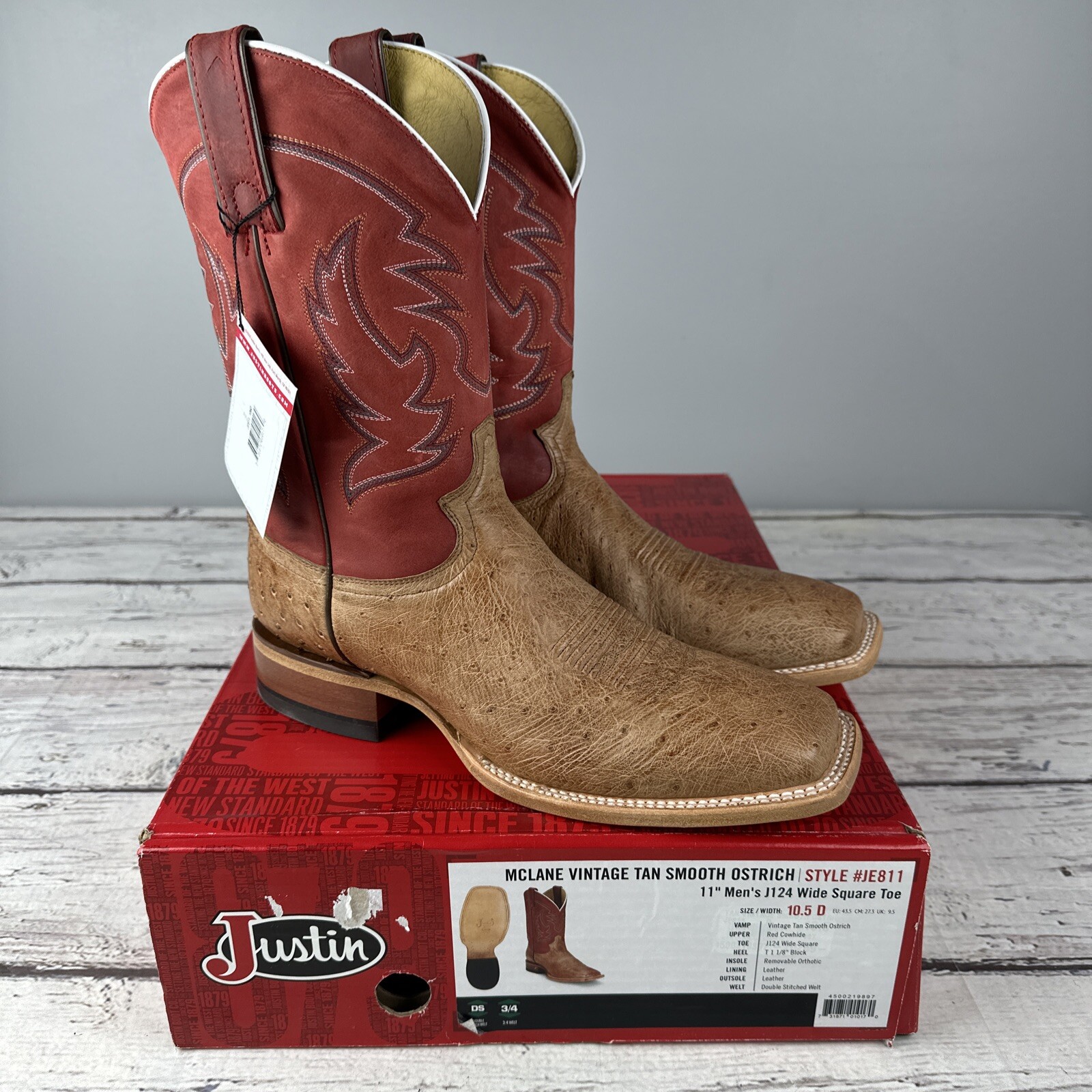 New Justin Men's McLane Tan Smooth Ostrich Square Toe Western Boots