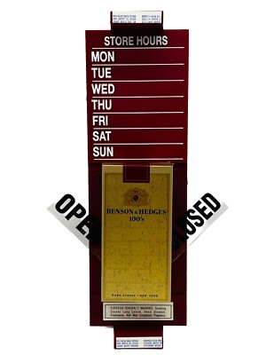 Benson & Hedges 100 s Tobacco Cigarettes Open Closed Store Hours Door Sign NOS