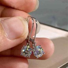 1.00CT ROUND CUT DIAMOND DROP  DANGLE EARRINGS 14K WHITE GOLD FINISH WOMEN'S