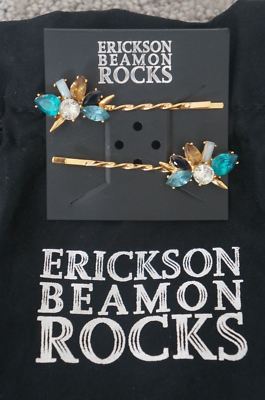 NEW Erickson Beamon Rocks Blue Blondie Gold Plat Crystal Cluster Setof 2HairPins