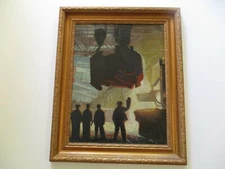 OLD OIL PAINTING WPA STYLE FACTORY INDUSTRIAL WORKERS MEN STEEL IMPRESSIONISM 