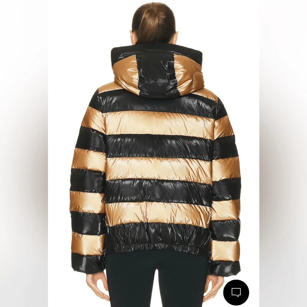 Goldbergh Ski Dazzle Puffer Jacket Coat Striped Gold Black NWT