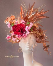 Kentucky Derby Hat Big Royal Ascot Fascinator Gold Orchid Red Rose Pink Floral