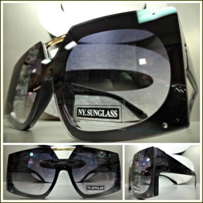 OVERSIZED VINTAGE RETRO SHIELD Style SUN GLASSES Large Big Black Frame Flat Lens