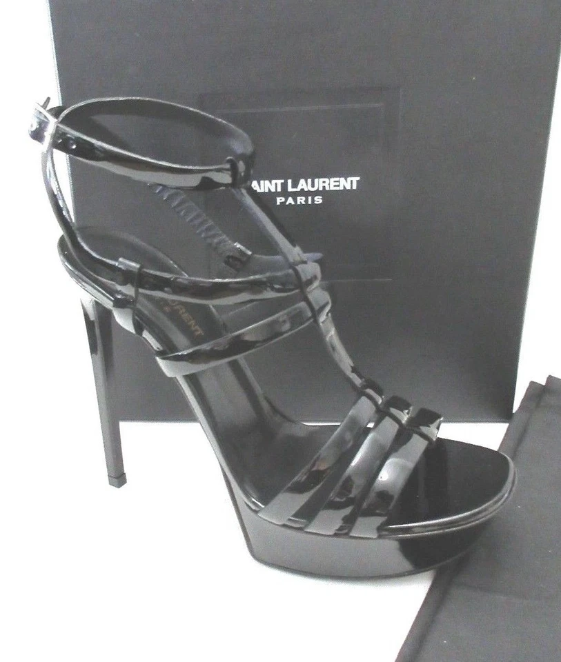 $995 Saint Laurent Yves Bianca 105 Sandalias con tiras de charol negro 40 9,5 Foto 3 de 4