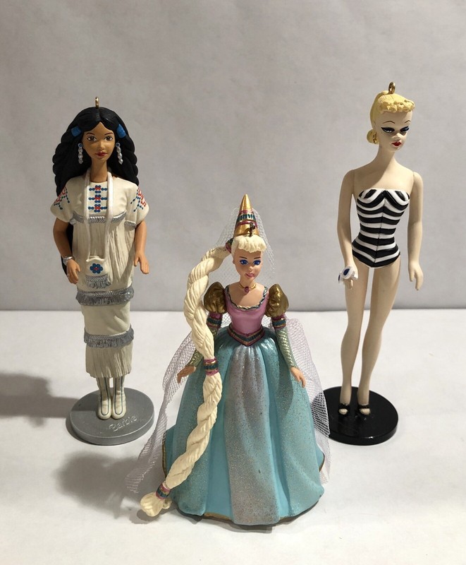 [3] - Hallmark Barbie Ornaments - 1959 Barbie, Native American Barbie, Rapunzel