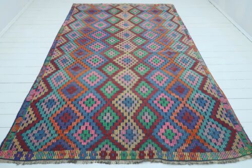 Antique Turkish Sardes Kilim Embroidery Wool Large Rug Green Blue Color 76"x117" - 第 1/12 張圖片