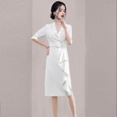 Women's Fashion Lapel 3/4 Sleeves Belt Falbala A Line Formal Pencil Dress 8406 