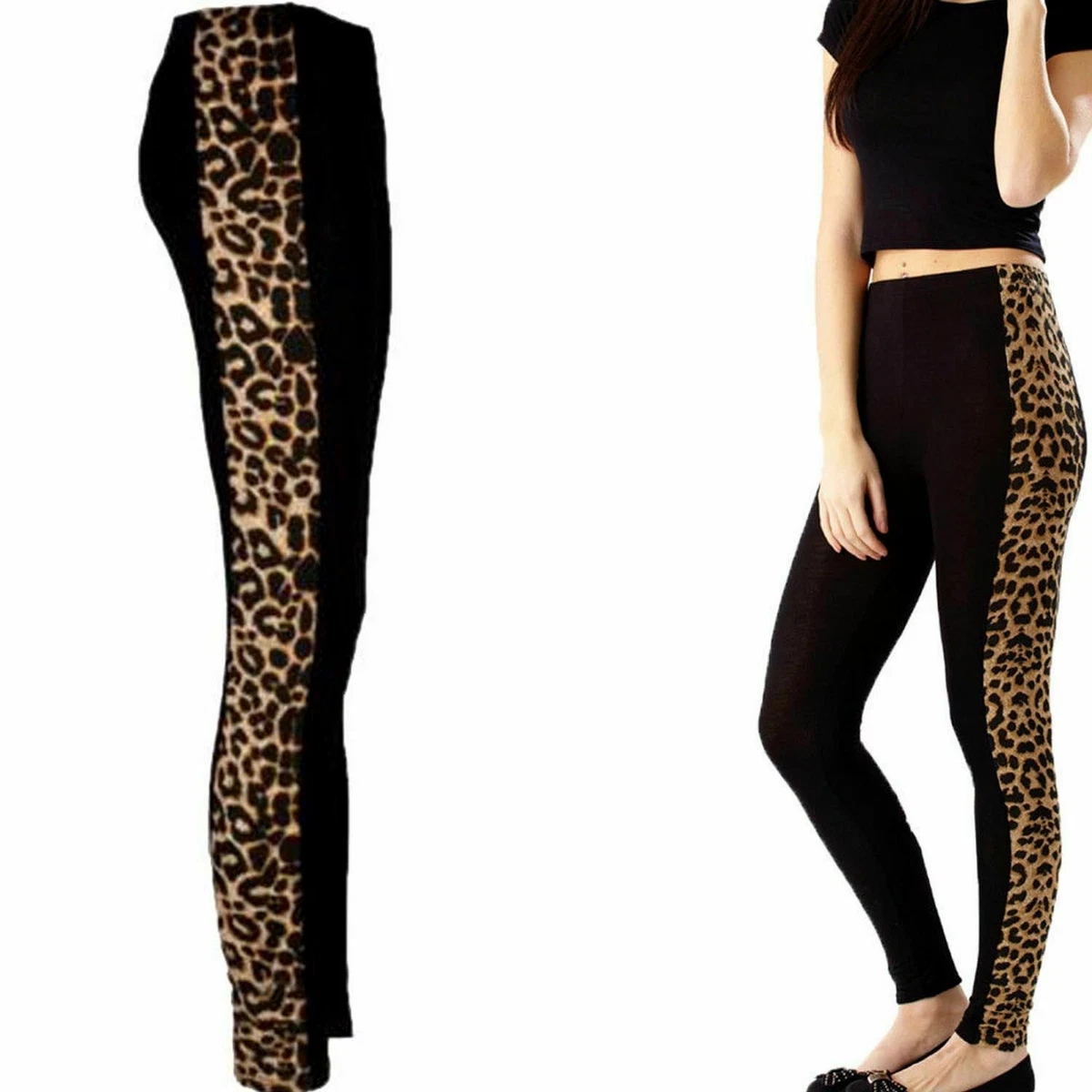 LADIES WOMENS SIDE ANIMAL LEOPARD PRINT PANEL BLACK STRETCHY LEGGINGS UK 8  - 26