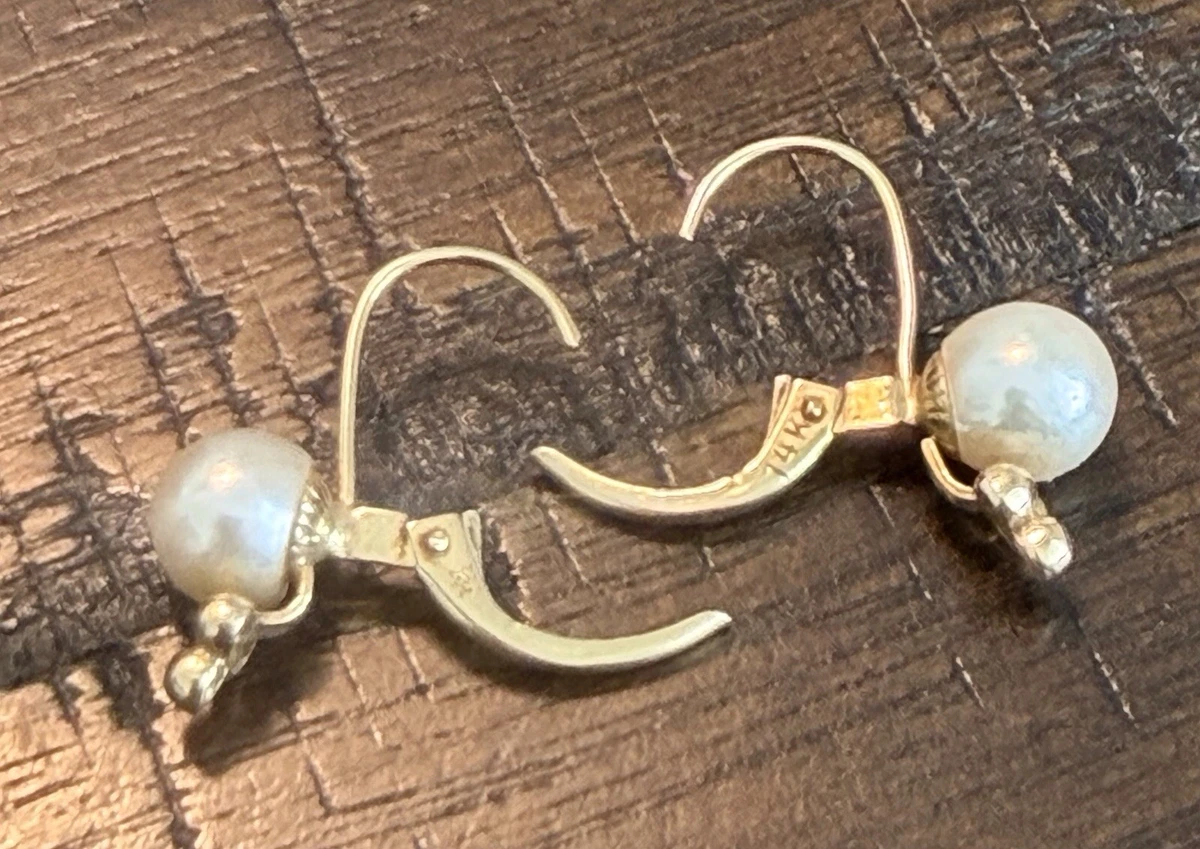 Vintage14K Yellow Gold Leverback Dangle Earrings w/ Round White Pearl Drops 1 in