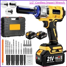 Cordless Electric Impact Wrench Gun 1/2'' High Power Driver w/ 2 Li-ion Battery
