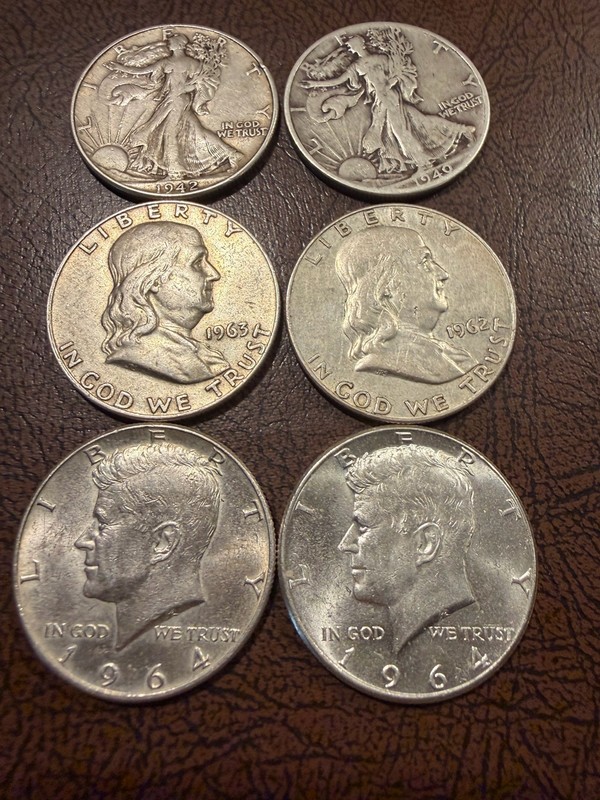 6 90% Silver Half Dollars Walking Liberty/Franlkin/Kennedy 2 of Each Lot