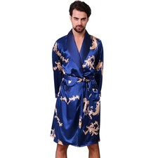 Haseil Mens Satin Robe Silk Kimono Robe Long Sleeve Bathrobe Dragon Lightweig...