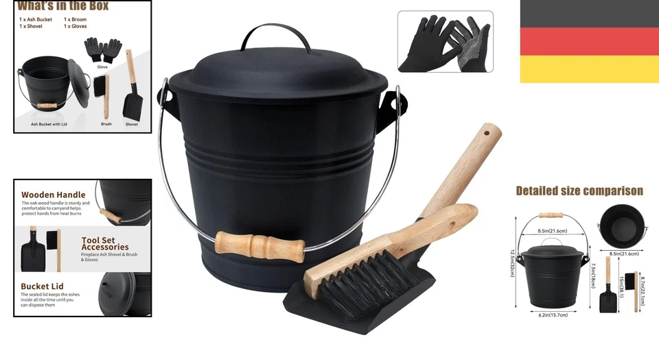 Ascheeimer Feuerfest, 5L, mit Deckel, Schaufel & Besen, Kamin Werkzeug - Bild 2 von 4