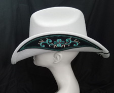 White Cowgirl Cowboy Hat Embroidery Edge Turquoise Western Boho Wedding 1080