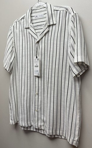 NUOVA camicia Zara Join Life uomo bianca floreale a righe manica corta tg. L - Foto 3 di 7