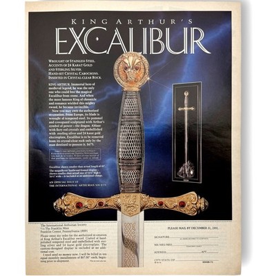 1991 King Arthur's Excalibur 24K Sword Franklin Mint Steel Vintage Print Ad
