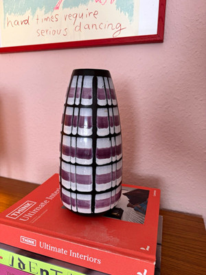 vintage Strehla Keramikvase mid century weiß/violett kariert white grid 27 cm