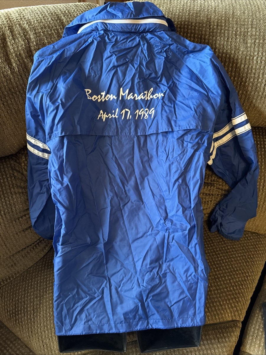 Vtg Asics 1989 Boston Marathon Hooded Zip Blue Windbreaker Jacket