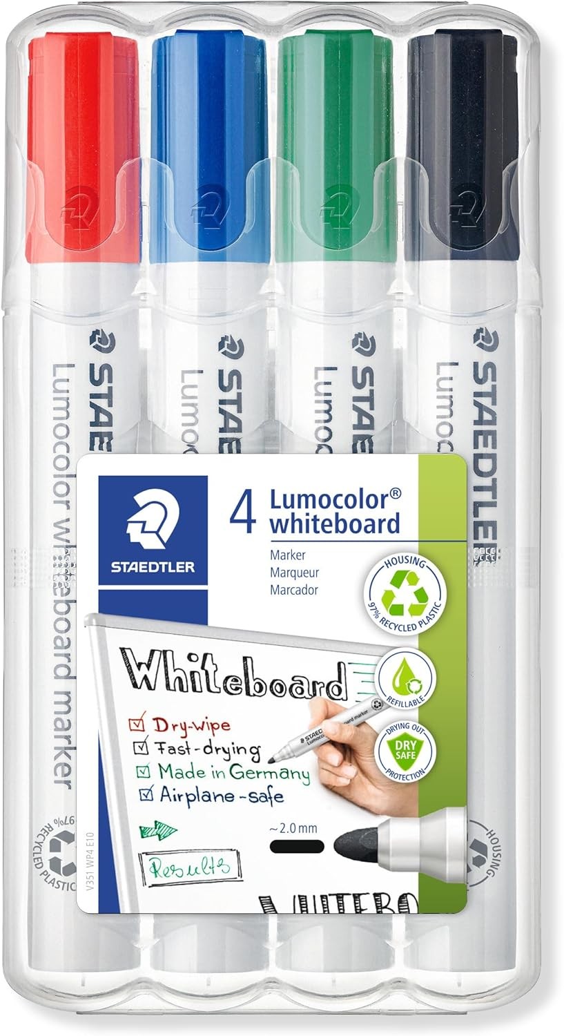 STAEDTLER 351 WP4 Lumocolor Whiteboard Marker Bullet Tip - Assorted Colours (Pa