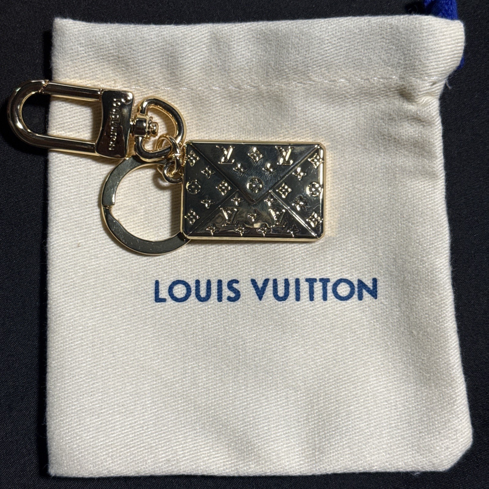 LOUIS VUITTON Envelope Gold Plated metal Charm Keychain Keyring w/Box