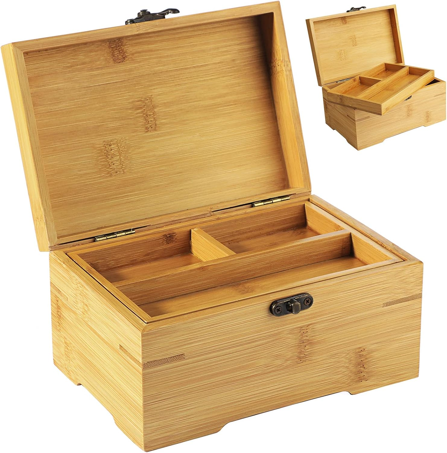 Large Wooden Box with Hinged Lid, Bamboo Wood Multi-purpose Storage Box with Tra