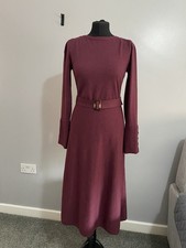 Wallis Burgundy Knitted Midi Dress Size S Belted Fit & Flare Button Detail