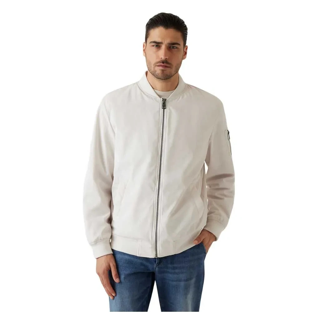 GUESS Men's Satin Bomber Jacket Muted Stone Cream Beige Extra Small