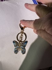 Gold Tone Metal Butterfly Key Chain Keyring Blue Enamel Accent Women