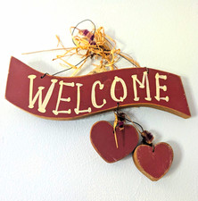 Rustic Wood "WELCOME" Hanging Wall Sign/Plaque Painted Heart Decor Horizontal