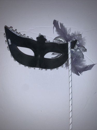 Masquerade Eye Mask Silver Feathers Flower Sequins Stick Mardi Gras Halloween  - Picture 6 of 14