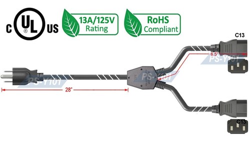 Cable divisor Premium 1 entrada 2 salidas IEC320 C13 a alimentación de CA Y 3 pies máximo 13A 125 V - Imagen 2 de 5