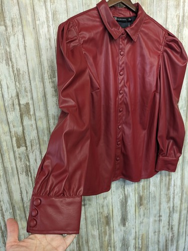 New York & Company Cherry Red Faux Leather Puff Sleeve Snap Jacket Large NWT - Picture 2 of 11