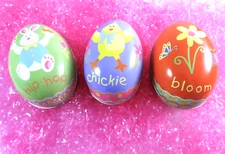 Tin Easter Eggs 3 Empty Candy Containers Spring Theme Hip-Hop Chickie Bloom