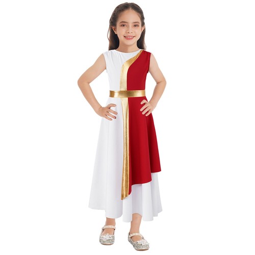 Kinder Mädchen ärmelloses Lobpreis Tanz Kleid Metallic Farbblock Gottesdienst Kleid - Bild 5 von 101