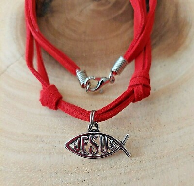 Leather Necklace Christian Cross Pendant Handmade Surfer Men's Woman Choker  Red