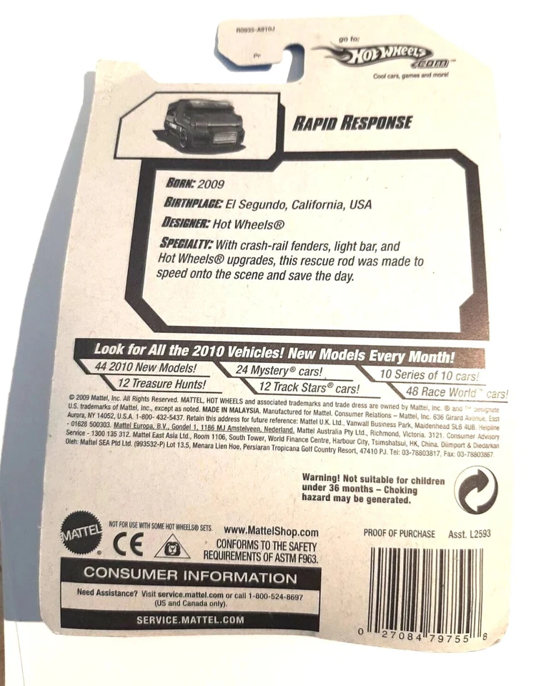 Hot Wheels 2010 New Models RAPID RESPONSE Ambulance new in pack - Image 3 of 3