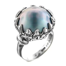 Bali Flower Blue Mabe Cultured Pearl 925 Sterling Silver Ring