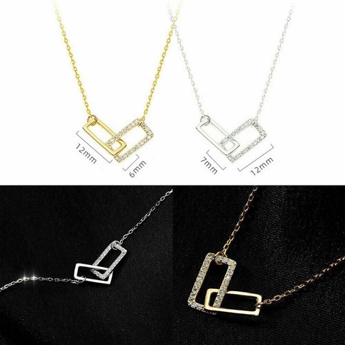 925 Sterling Necklaces Pendant Set Shiny Rectangle Double Zircon Chain Jewellery - Picture 5 of 8