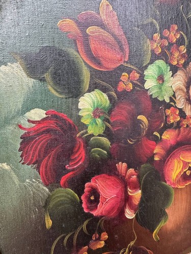 ANTICO DIPINTO OLIO SU MASONITE - VASO DI FIORI - OVALE - FIRMATO "BALZER" - Foto 5 di 7