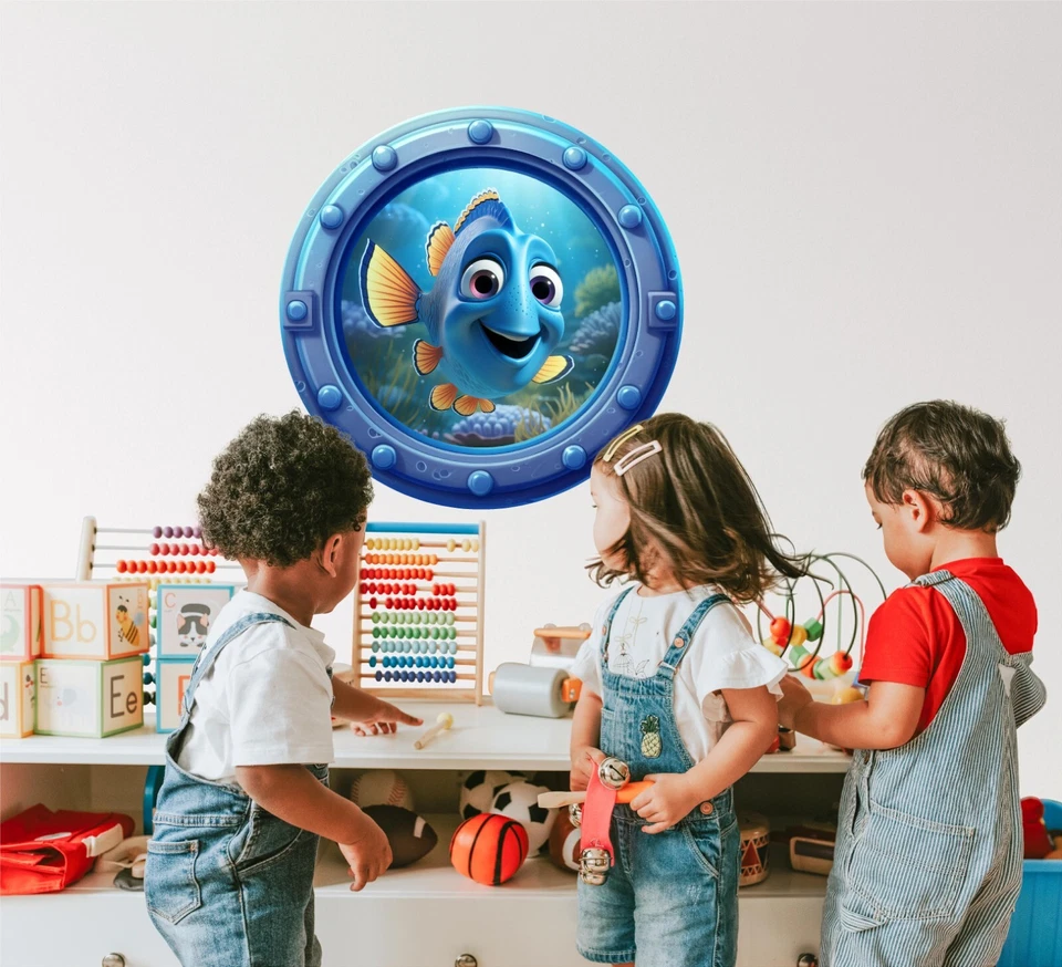 Calcomanía de pared extraíble Blue Tang dibujos animados ojo de buey ventana 3D pez Dori Foto 3 de 4