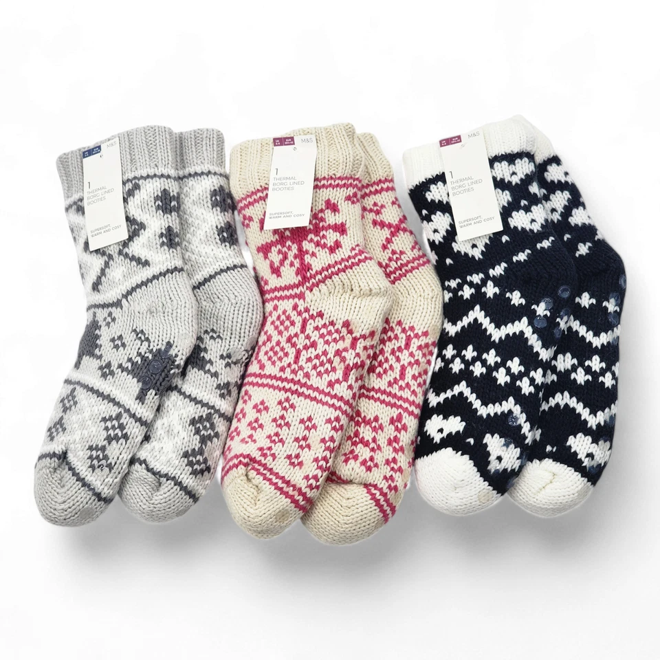 Ladies M&S Womens Thermal Slipper Socks Fairisle Borg soft Non Slip Christmas — 第 2/4 张图片