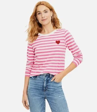 NEW Loft SP PS Pink Striped Embroidered Heart Tee Top Cottage Romantic Whimsy