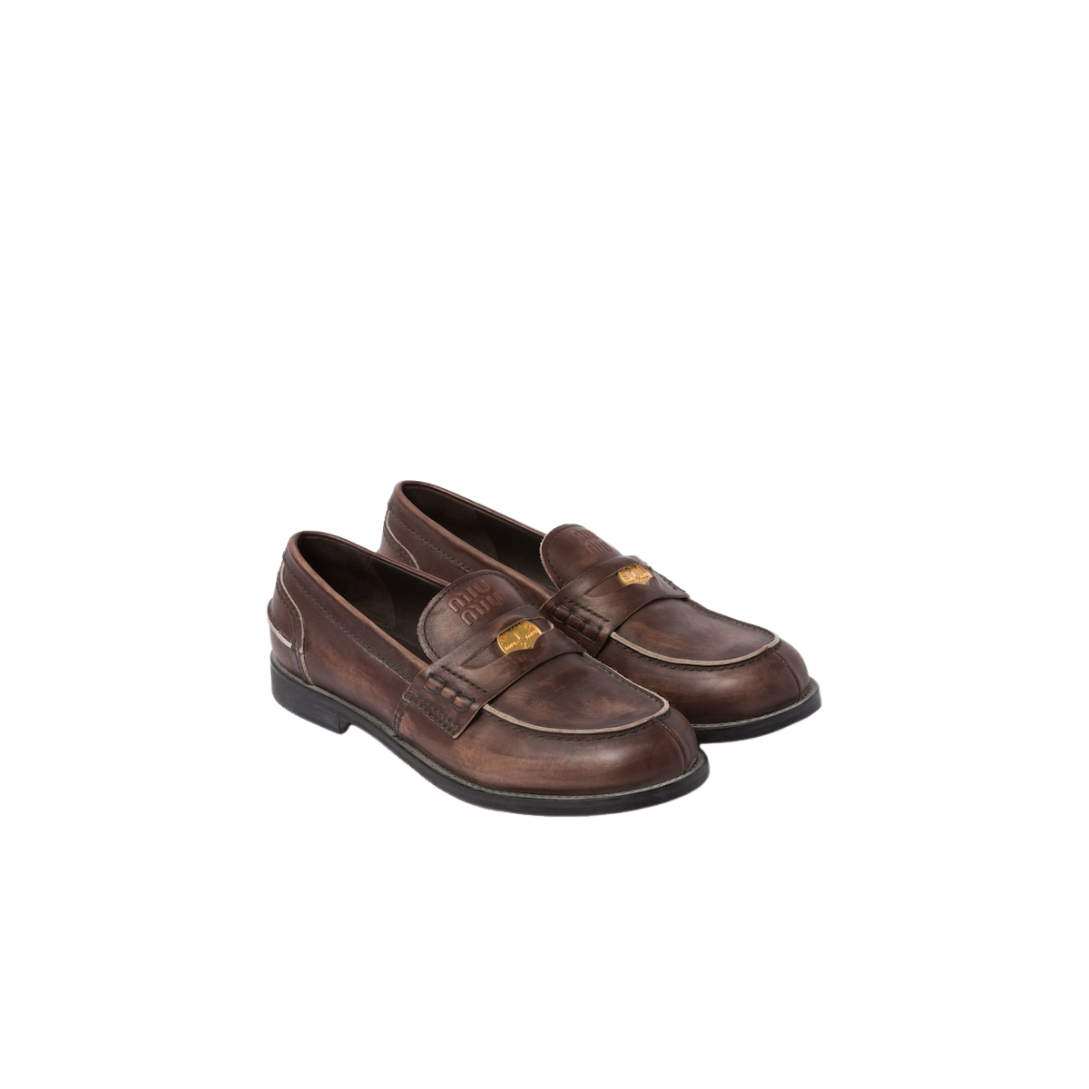 MIU MIU $1170 Ebony Leather Vintage Effect Penny Loafers New