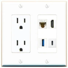 CAT6 HD USB-3 USBC Port Wall Plate w/Power Outlet White